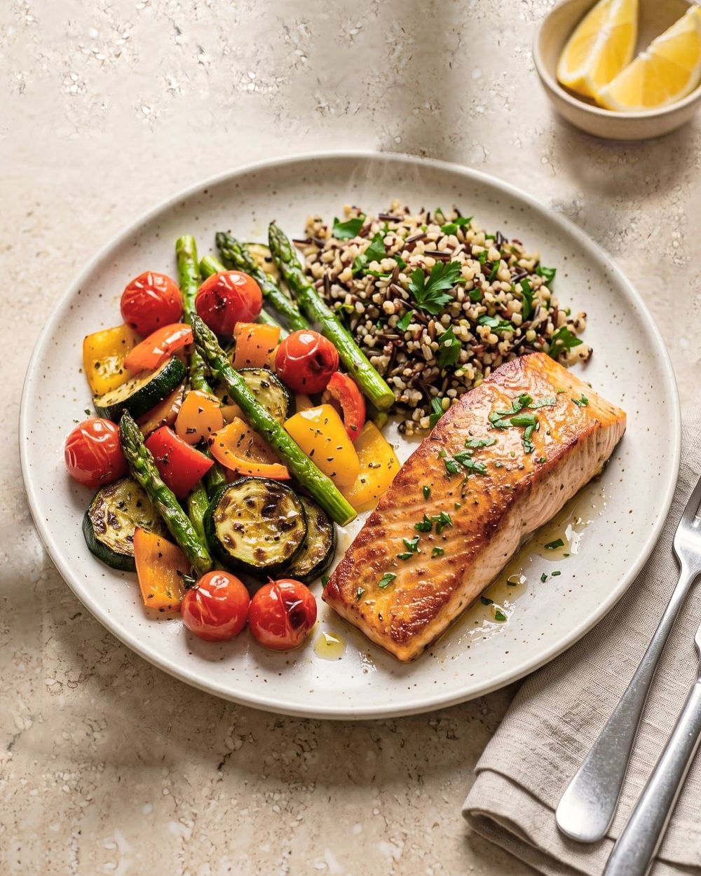 Salmon with roasted vegetables and wild rice